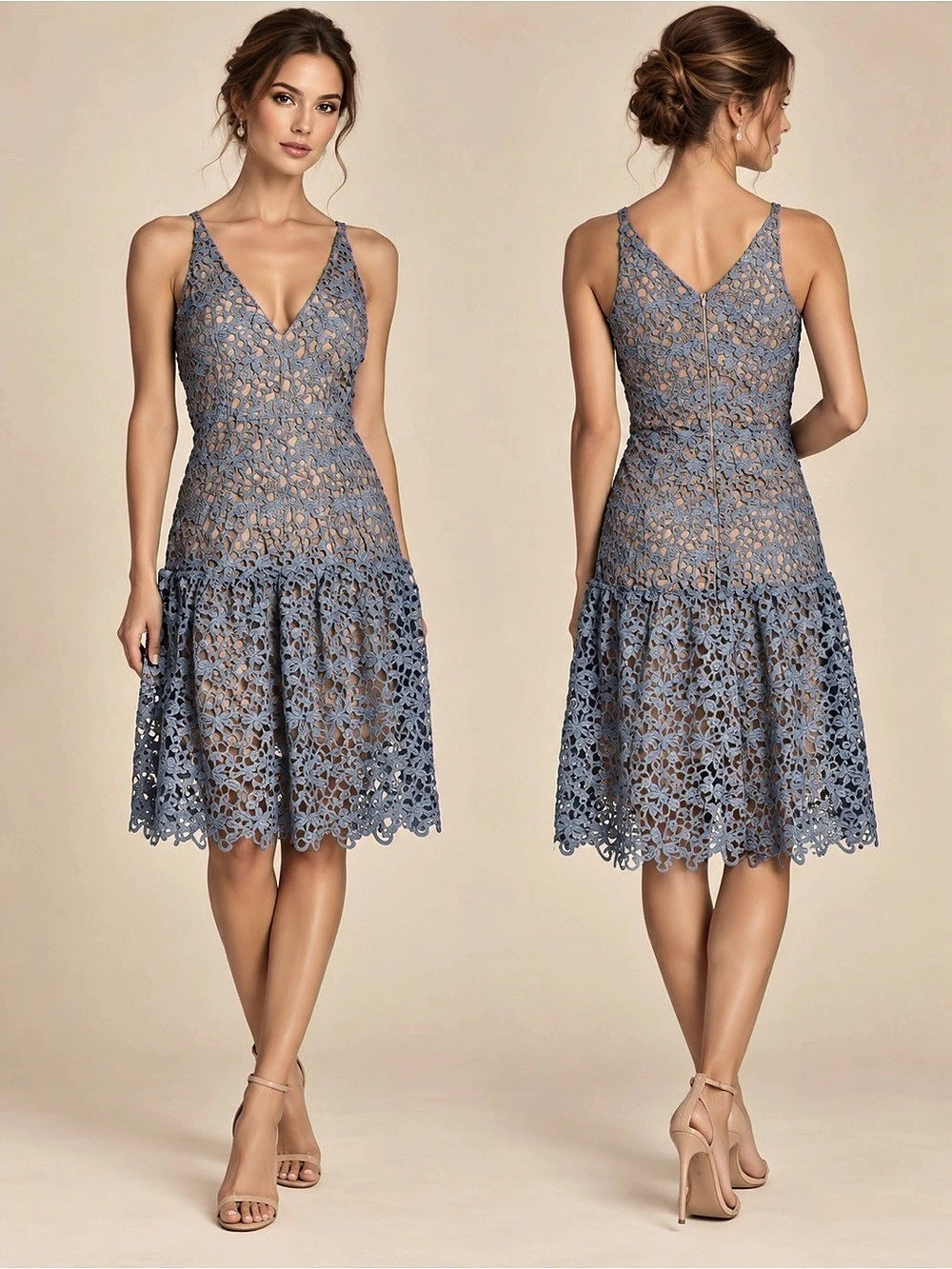 Dress the Population Lily Blue Lace Nude Fit & Flare Cocktail Dress S NWT